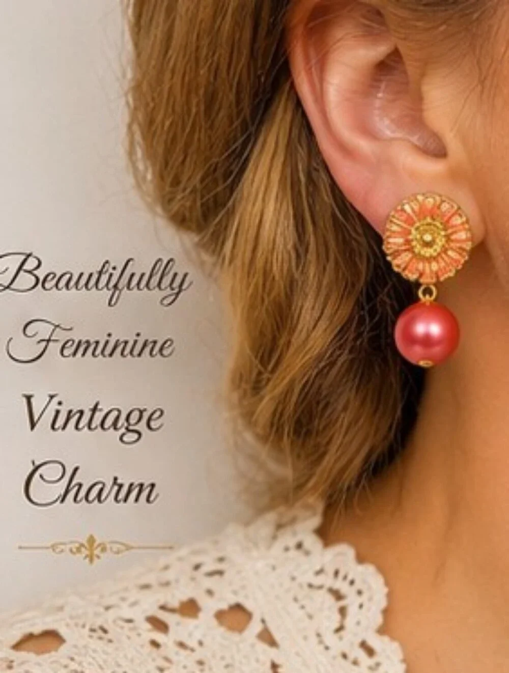Vintage Sarah Coventry Pink Enamel Floral Pearl Drop Earrings NOS